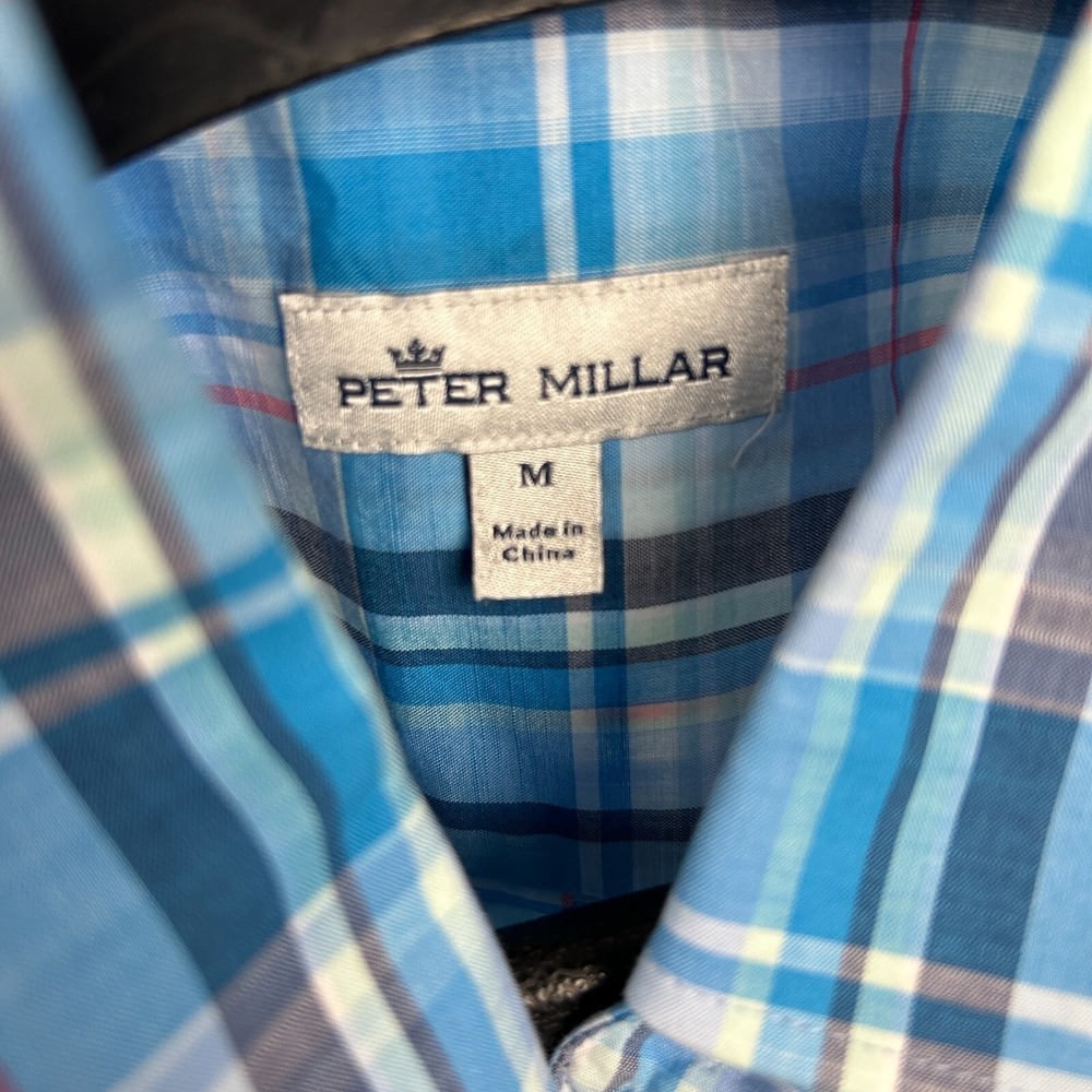 Peter Millar Mens Medium Blue Plaid Long Sleeve Button Down Stretch Cotton Shirt - Picture 2 of 5